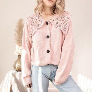 Vintage 80s pink crochet knit collared cardigan